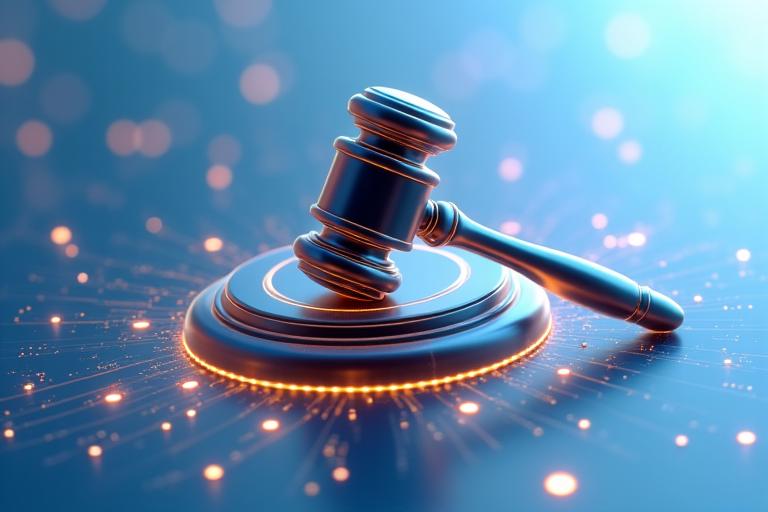 Abstract depiction of combined traditional legal symbols with modern technology elements
