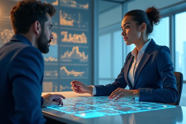 A lawyer and an AI interface interacting seamlessly, showing a harmonious blend of human expertise and advanced technology