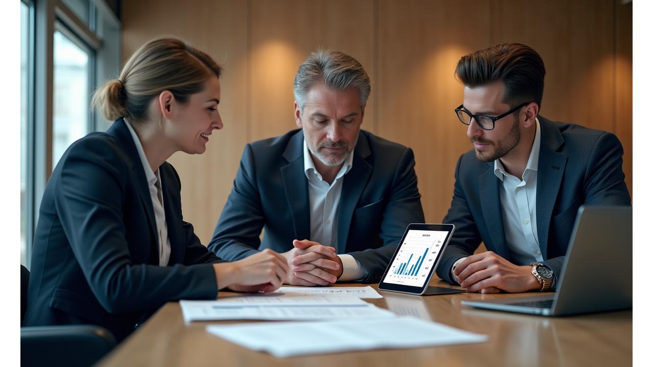 Professionals collaborating around a table, representing strategic legal solutions for businesses