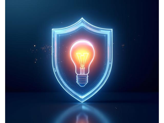 A glow-effect light bulb within a secure digital shield, representing IP protection