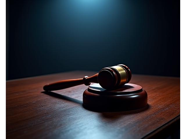 A stark, dramatic image of a lone Gavel on a polished desk, illuminated by a strong, focused light in an otherwise dimmed professional setting, conveying urgency and serious legal implications.