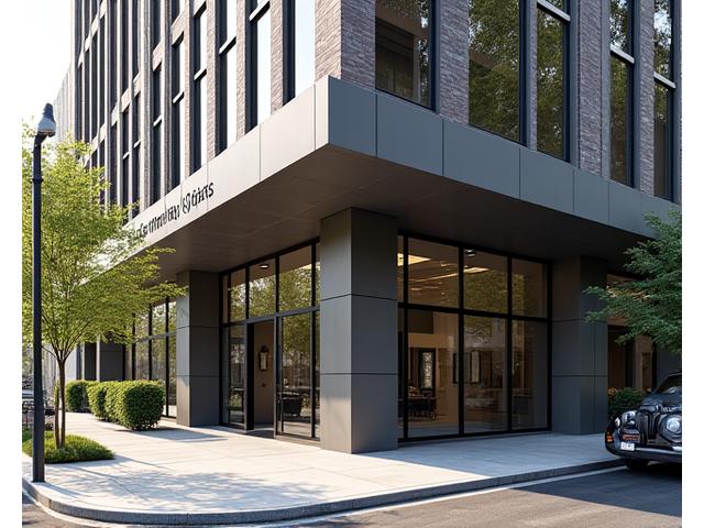 The exterior of a modern, professional office building corner with Rosemary Rights signage subtly visible, indicating a welcoming and accessible legal practice.