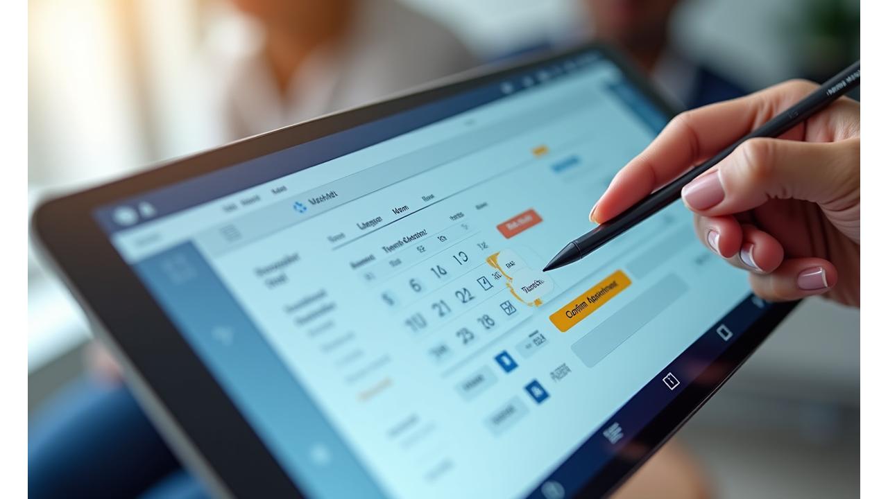 A visual representation of an online calendar interface on a tablet or computer screen, with available time slots highlighted, depicting the ease and convenience of scheduling legal consultations online.