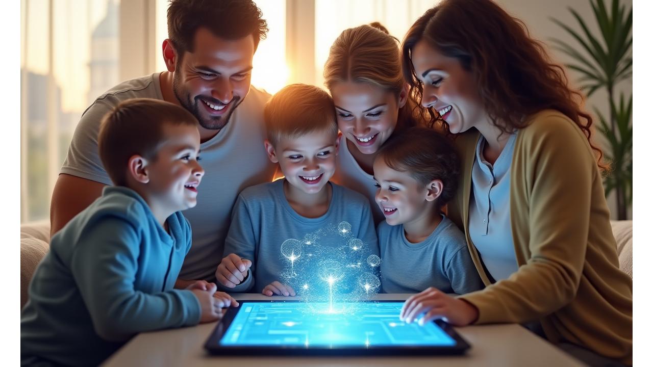 A diverse, happy blended family looking at a digital tablet, symbolizing secure digital legacy planning and modern family harmony.