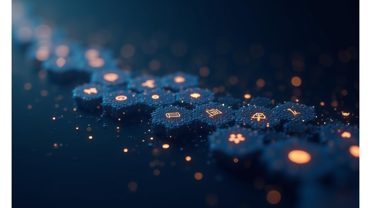 An abstract yet illustrative image showing a blockchain ledger visual with interlocking nodes and smart contract symbols, signifying automated and secure estate administration, bathed in a sophisticated blue and gold color scheme.