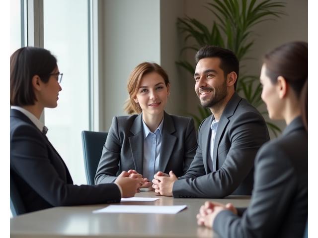 A professional legal consultant at a modern desk, actively listening to a client, symbolizing confidential and attentive service.