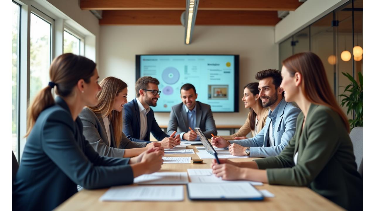 Diverse group of professionals collaborating in a modern office, representing both employer and employee perspectives in a harmonious work environment.
