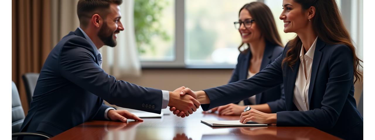 Two diverse professionals shaking hands across a conference table after a successful mediation, symbolizing conflict resolution.
