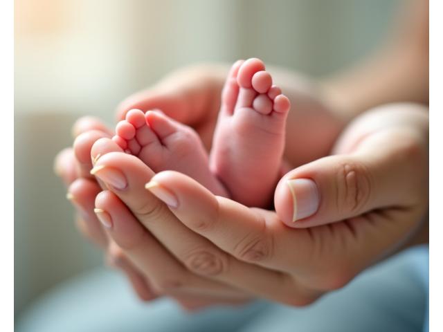 A pair of adult hands gently cradling baby feet, symbolizing the adoption process and the welcoming of a new family member. Soft focus, warm lighting.