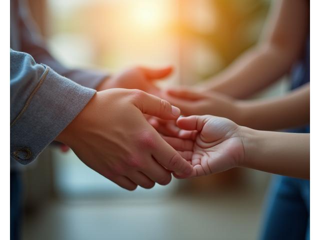 A parent's hand gently guiding a child's hand, illustrating guardianship and care during custody proceedings. Warm, protective lighting.