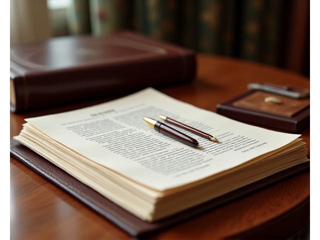 A family photo album or stack of important documents on a polished wooden desk, representing generational planning and secure legacies. Elegant, warm light.