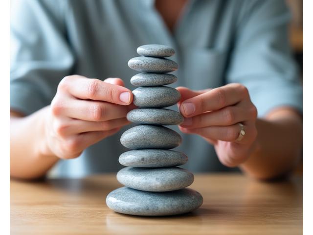 Two hands building a stable pyramid of smooth, grey stones, symbolizing collaborative effort and balanced resolution in family mediation. Clean lines, soft light.