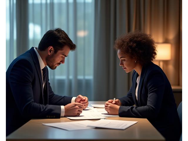 A lawyer intensely discussing with a client in a modern legal office setting, dedicated to deportation defense and family protection.
