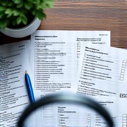 Documents and a magnifying glass on a desk, symbolizing legal compliance and I-9 requirements for businesses.