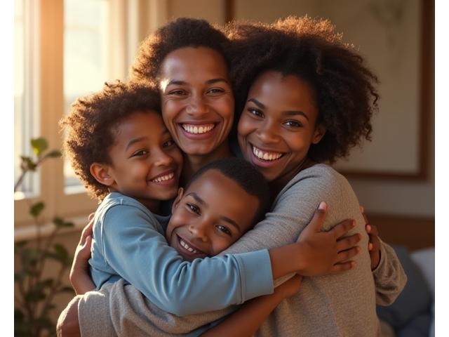 A family embracing warmly, with a blurred map of the US in the background, symbolizing family reunification through immigration in Illinois.