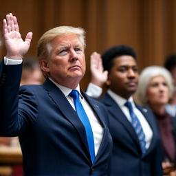 A person raising their hand to take an oath of citizenship, with other new citizens, representing naturalization.