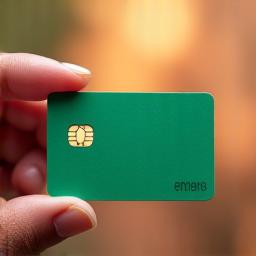 A hand holding a green card, symbolizing permanent residence, with a blurred American flag in the background.