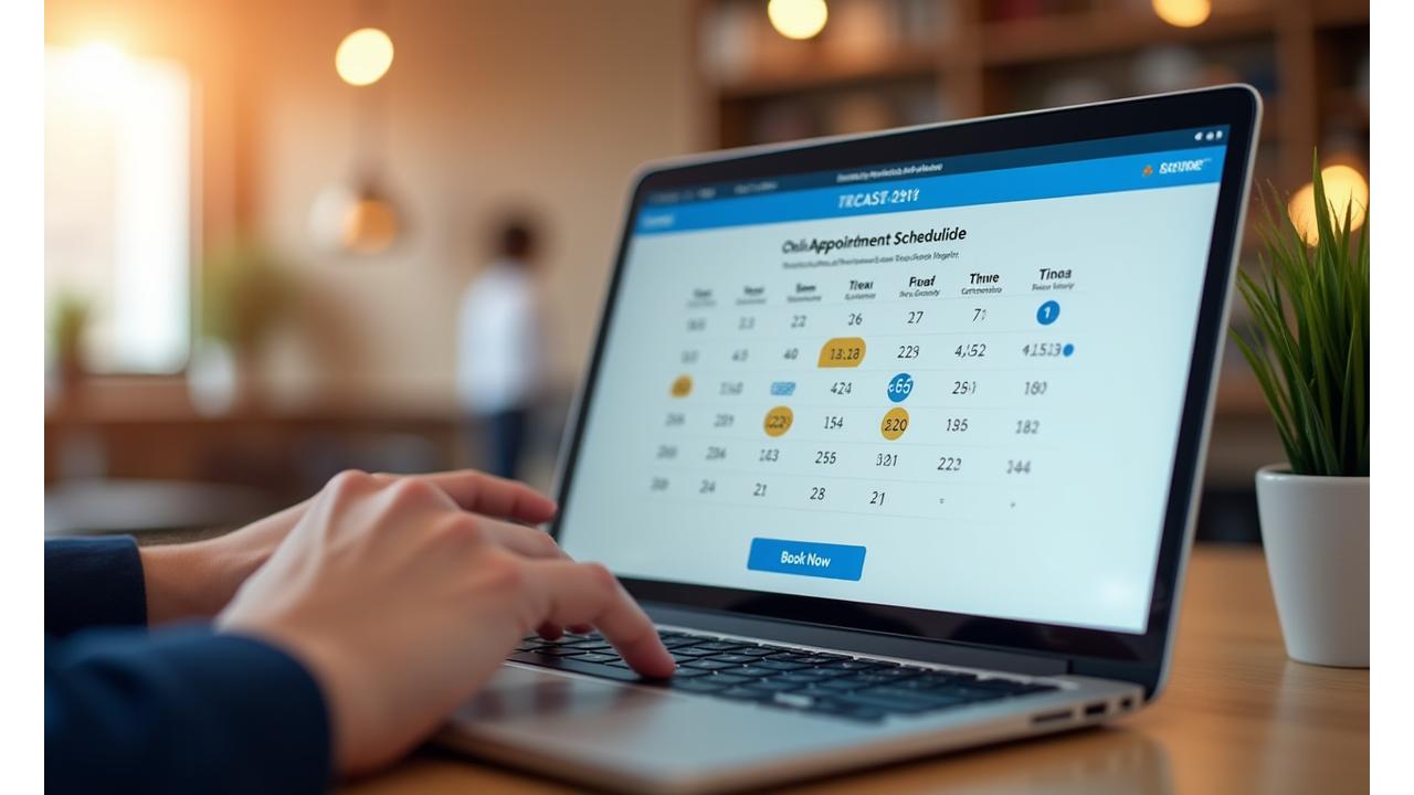 A computer screen showing an online appointment scheduler, signifying easy access to immigration consultation services.