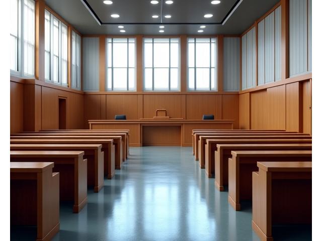 An empty, modern courtroom with benches and a judge's stand, illuminated by soft natural light.