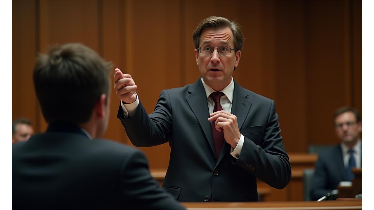 A confident trial lawyer passionately addressing a jury in a well-lit courtroom.