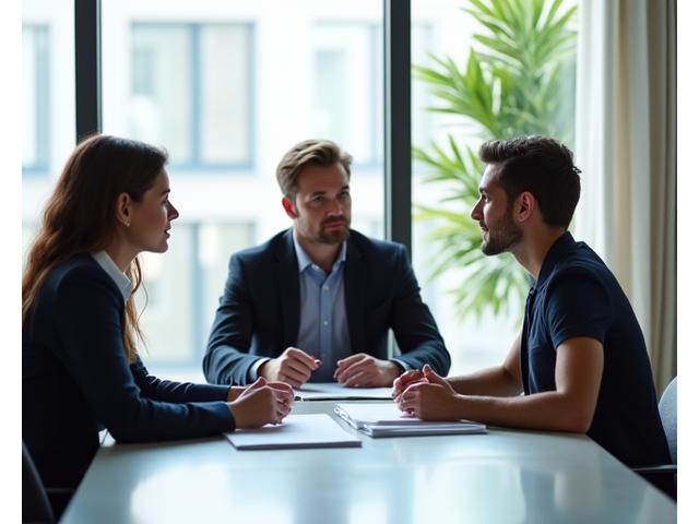 Two diverse people in a modern office engaged in a calm, constructive discussion with a mediator.