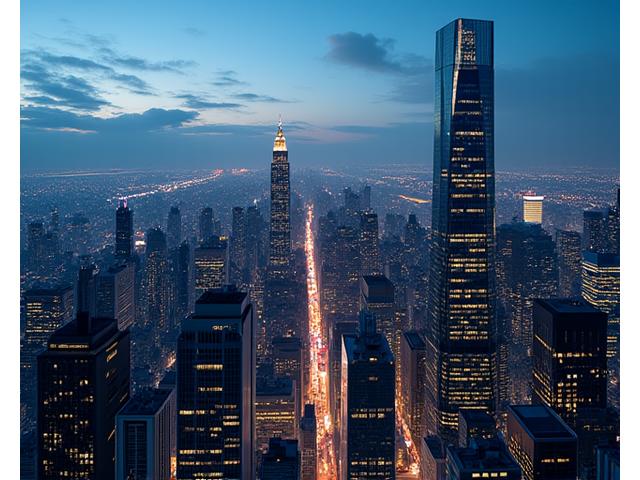 Modern commercial buildings in a city skyline at dusk, with abstract data overlay signifying complex property deals and investments.