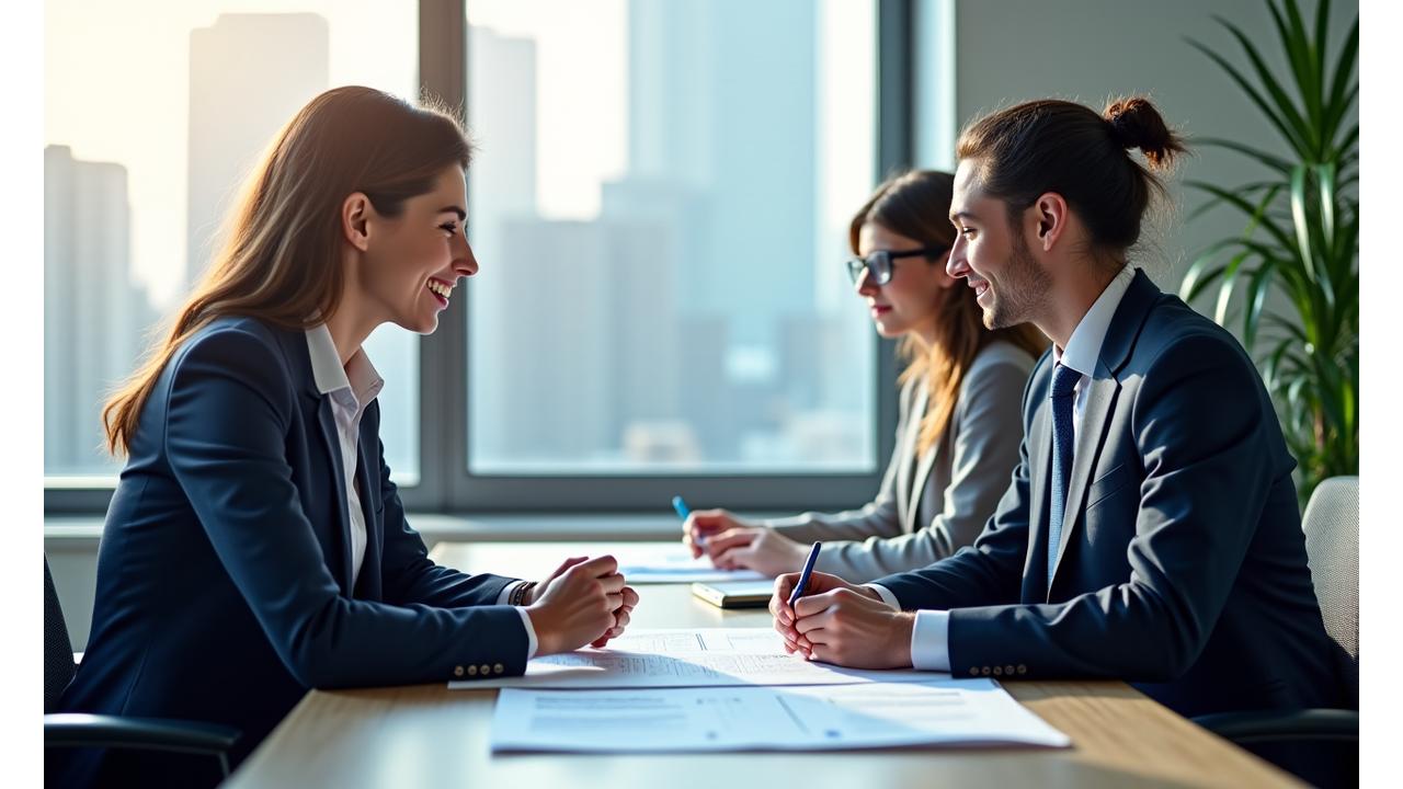 Modern and confident legal professional reviewing real estate documents with a client in a bright, contemporary office, showcasing trust and efficiency.