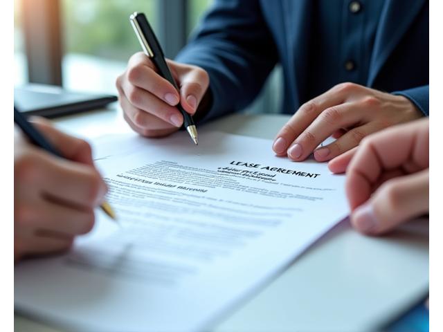 Close-up of two hands, one pointing at a lease agreement with a pen, signing, representing landlord-tenant agreements and legal counsel.