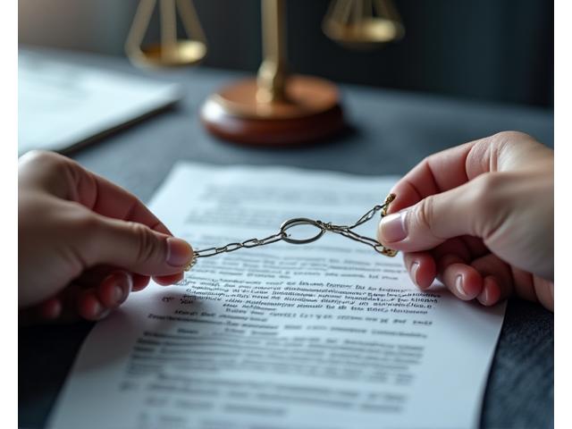 Two hands pulling at a property deed or fence line, symbolizing a dispute, with a judge's gavel in the background, representing legal resolution.
