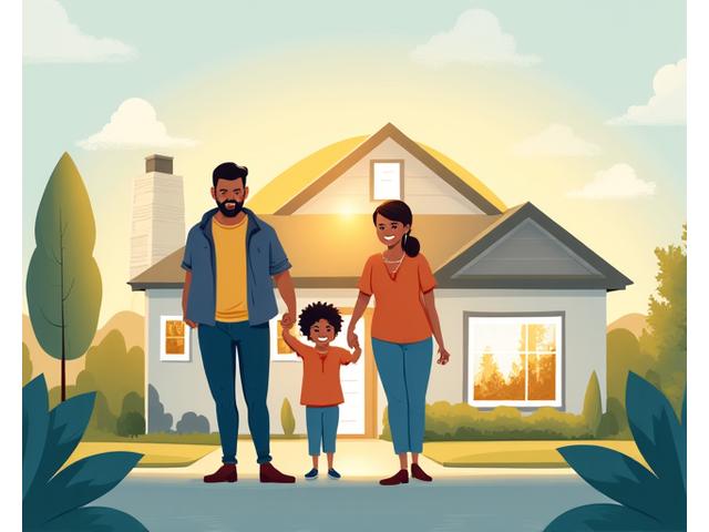 Illustration of a family standing in front of a new home with legal documents subtly integrated into the background, symbolizing secure home ownership.