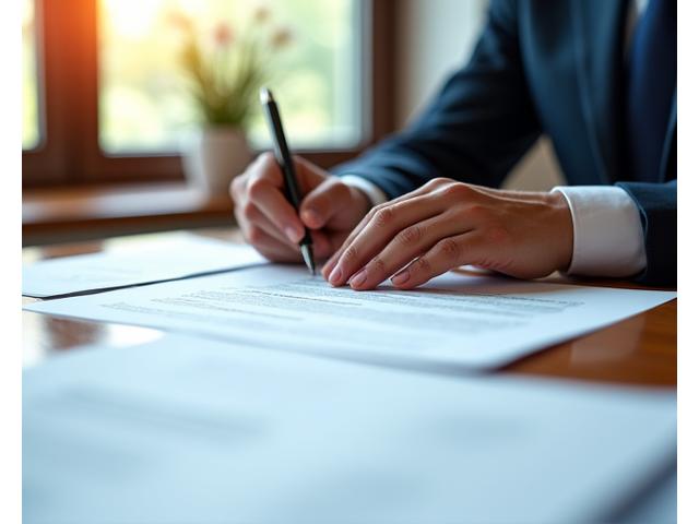 Close-up of hands signing a legal engagement agreement with a pen, on a wooden desk with blurred legal documents