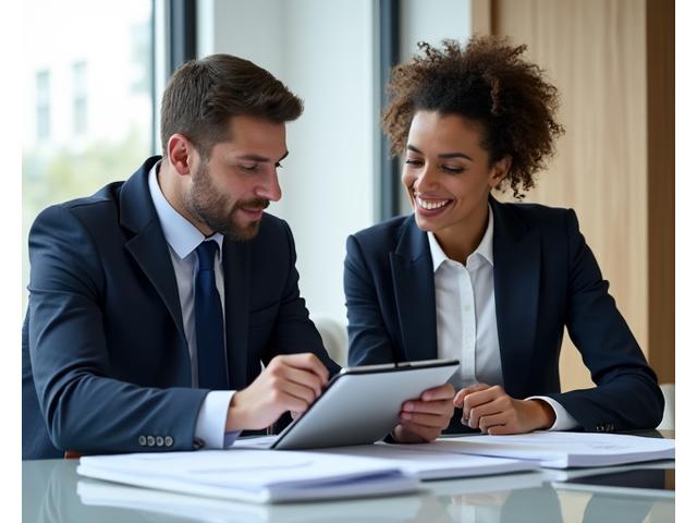 Two legal professionals in a modern office, collaboratively reviewing documents, representing professional ethics and diligence